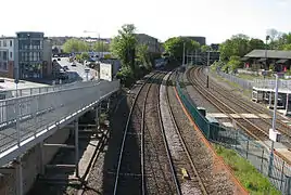 Railway and tram stop from bridge looking south