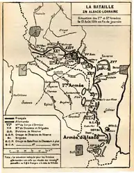 Map showing position of armies on 19 August 1914 prior to fighting at Morhange-Sarrebourg.