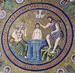 Arian Baptistry, Ravenna, 6th-century mosaic. A classical personification of the Jordan attends at left.