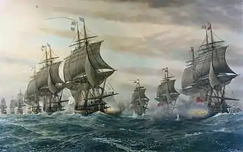 Two lines of warships at sea sailing with full sails downwind away from the viewer and firing broadsides at one another; in the center foreground receding into the left background, six of the French fleet; in the right foreground receding to the center four of the British fleet.