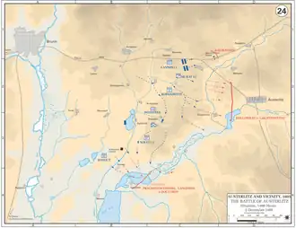 Map showing the French advance in blue lines and the defeated Allied armies in red lines, moving away (to the east) from the battlefield.