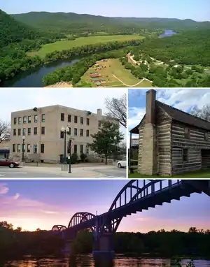 Clockwise from top: Buffalo River at Buffalo City, the 1825 Jacob Wolf House at Norfork, Cotter Bridge over the White River at sunset, Baxter County courthouse in Mountain Home