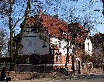 View of the facade with the turret