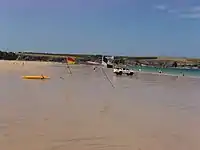 Beach lifeguards and swimming-surfing areas at Harlyn Bay, just north of St Merryn