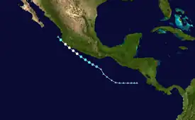 Map plotting the track and the intensity of the storm, according to the Saffir–Simpson scale