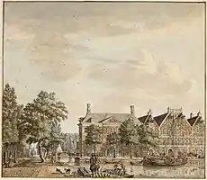 Looking east: Houtgracht (left) and Leprozengracht (right). In the middle the Oudezijds Huiszittenhuis. 1759