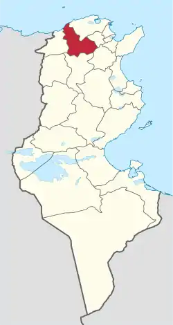 Map of Tunisia with Béja highlighted