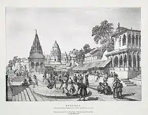 A Brahmin placing a garland on the holiest spot in the sacred city by James Prinsep 1832. Tarakeshwar temple on the left and Baba Mashan Nath temple in the center..