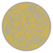 A circular design with yellow background showing three dolphin-like creatures, outlined in silver, each biting the tail of the one ahead of it