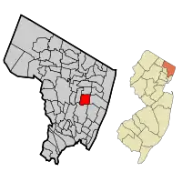 Location of Bergenfield in Bergen County highlighted in red (left). Inset map: Location of Bergen County in New Jersey highlighted in orange (right).