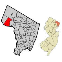 Location of Franklin Lakes in Bergen County highlighted in red (left). Inset map: Location of Bergen County in New Jersey highlighted in orange (right).