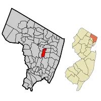 Location of New Milford in Bergen County highlighted in red (left). Inset map: Location of Bergen County in New Jersey highlighted in orange (right).