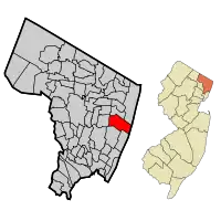 Location of Tenafly in Bergen County highlighted in red (left). Inset map: Location of Bergen County in New Jersey highlighted in orange (right).