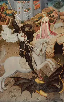 Detailed painting shows the knight on a white horse slaying a dragon with the princess, dressed in royal robes looking on from the upper right corner. A castle is in the background.