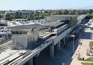 Berryessa/North San José station viewed from the parking garage on the first day of service, June 2020