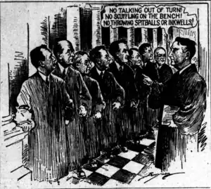 Chief Justice Fred M. Vinson admonishes the justices: "No talking out of turn! No scuffling on the bench! No throwing spitballs or inkwells!"