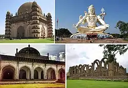 Clockwise from top: Gol Gumbaz, Shivagiri Monument, Bara Kaman, Jama Mosque.