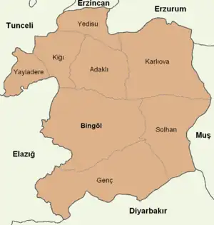 Map showing Adaklı District in Bingöl Province