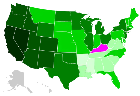 A map showing the change in the total Black population (in percent) between 1900 and 1990 by U.S. state.Light purple = Population declineVery light green = Population growth of 0.1–9.9%Light green = Population growth of 10.0–99.9%Green = Population growth of 100.0–999.9%Dark green = Population growth of 1,000.0–9,999.9%Very dark green (or Black) = Population growth of 10,000.0% or moreGray = No data available