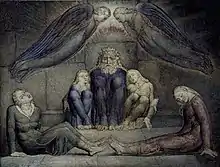 Painting of a bearded man and four children huddled on a stone floor with two large angels overhead.