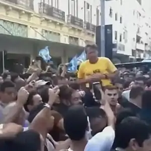 Federal deputy and Brazilian presidential candidate Jair Bolsonaro after being stabbed by Adélio Bispo de Oliveira during a campaign event on 6 September 2018.