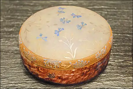 Daum Bonbon container with cornflower design of engraved glass, enamel, and gold by Daum (1901)