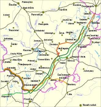 Selected lines of demarcation between Lithuania and Poland, 1919–1939. Light orange line denotes the line drawn by the Suwałki Agreement.