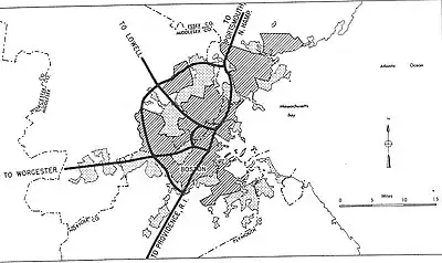 A map of the proposed highway put forth in the 1948 Massachusetts Highway Master Plan.