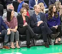 The Prince and Princess of Wales  (far right) at a November 2022 Boston Celtics game while in Boston for the 2022 Earthshot Prize. Joining them are Boston Mayor Michelle Wu, Massachusetts Governor-elect Maura Healey, and Celtics alum Satch Sanders