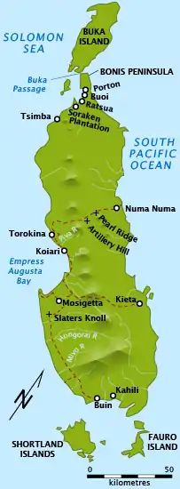 A map depicting an island with numerous trails marked on it moving east and west and north and south