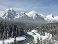 Haddo Peak, highest peak to left, from Morants Curve in winterL→R Haddo, Saddle Mountain, Fairview, Whyte, Niblock