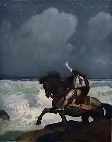 A painting of a rider on a horse against the ocean.