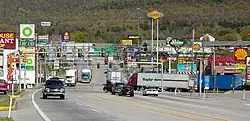 The short stretch of U.S. Route 30 in Breezewood is one of the few gaps where a portion of I-70 built as a non-tolled interstate highway.