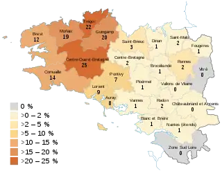 Map showing the percentage of Breton speakers in each country of Brittany, 2018