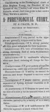 Brigham Young phrenology reading as published in Nauvoo Wasp on 16 July 1842.