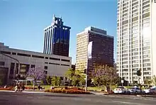 The Adelaide Street facade of the now-defunct Law Courts Complex with the State Law Building behind it