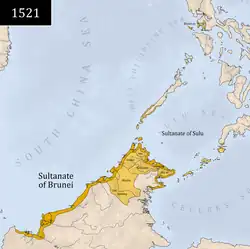 The maximum territorial extent of the Bruneian Empire (yellow) with its vassals (light yellow) in 1521.