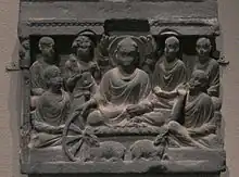 Gandharan Stele illustrating the first sermon at Sarnath, 2nd century, Metropolitan Museum of Art.