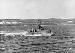 Boat travelling through choppy water leaving a large wake behind it. Cliffs and forested hills can be seen on the shoreline in the background.