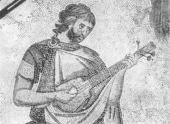 Roman or Byzantine pandoura from a 6th-century A.D. mosaic in the Great Palace of Constantinople. The instrument has three strings.