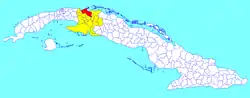 Cárdenas municipality (red) within  Matanzas Province (yellow) and Cuba