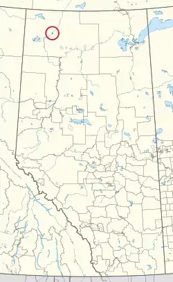 A map of the province of Alberta showing 80 counties and 145 small Indian reserves. One is highlighted with a red circle.