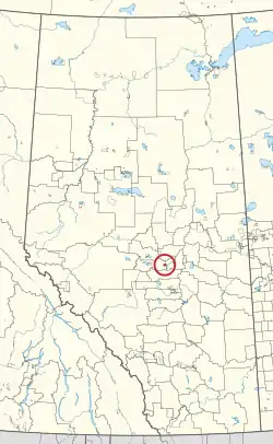 A map of the province of Alberta showing 80 counties and 145 small Indian reserves. One is highlighted with a red circle.