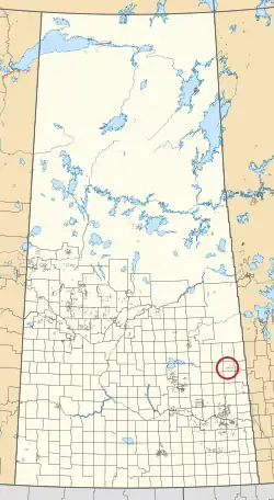 A map of the province of Saskatchewan showing 297 rural municipalities and hundreds of small Indian reserves. One is highlighted with a red circle.