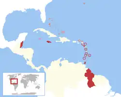 A map of CARIFTA Member States (red) and other Commonwealth Caribbean territories (pink) that were eligible for simplified accession to CARIFTA. CARIFTA comprised all of the Commonwealth Caribbean except the Bahamas, Turks and Caicos Islands, Cayman Islands, Bermuda, British Virgin Islands and Anguilla (de facto)