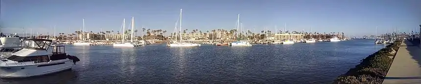 Channel Islands Harbor from west side looking east in the late afternoon towards peninsula in center of harbor