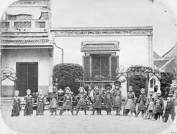 Children practiced dance with gamelan at Kebun Dalem Semarang, Dutch east Indies, circa 1867.