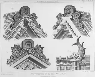 Japanese acroterion, illustrations by Abel Guérineau, 1887