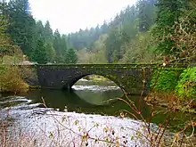 Low arched bridge reflected on river amongst trees