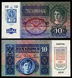 Republic of Czechoslovakia 10 Korun note (1919, provisional and first issue).